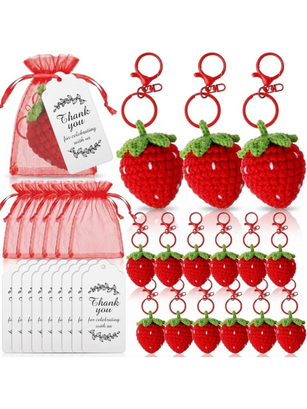 24 Strawberry Crochet Keychains - Summer Fruit Bag Charms & Party Favors